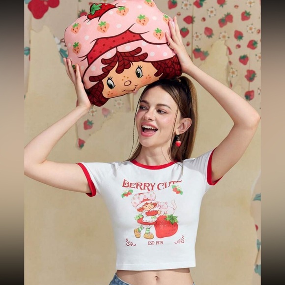 Strawberry Shortcake Cartoon Character And Strawberry Print Plush Throw Pillow - Picture 5 of 5